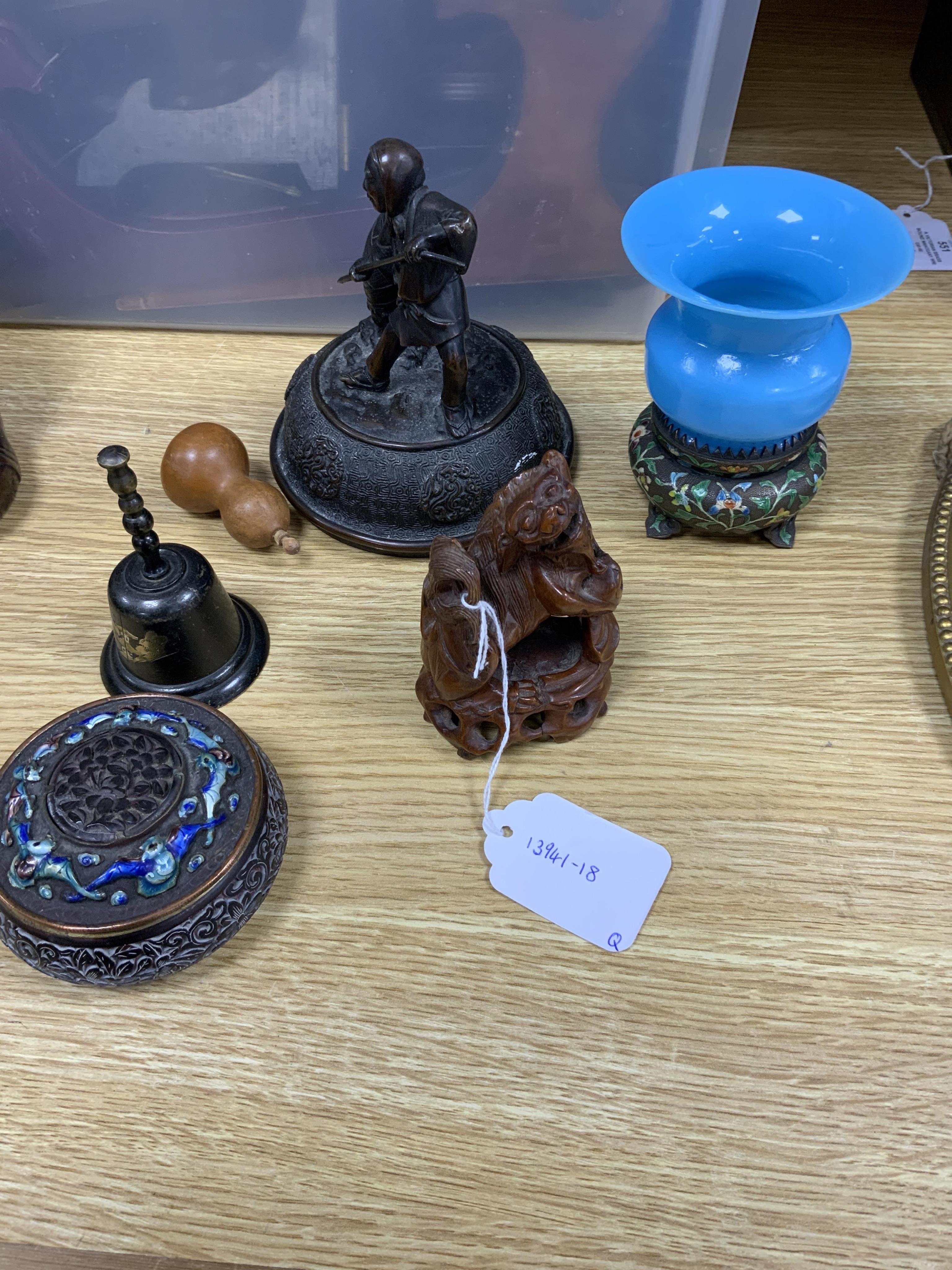 A quantity of Chinese bronzes and wood carvings including stands, seated Buddha etc.
